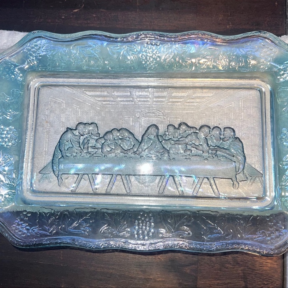 Vintage Indiana Tiara Blue Glass The Last Supper Dish Tray